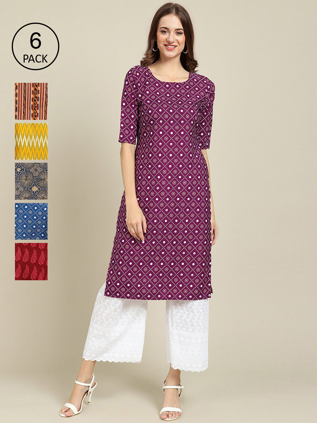 7Threads Women  Magenta And Black Geometric Printed Crepe Kurta [PACK OF 6]