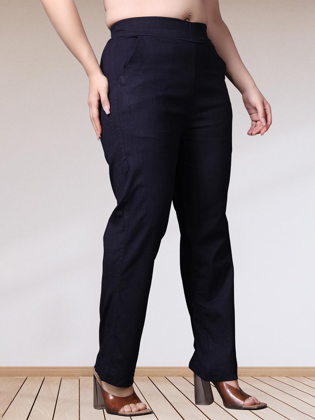 APELLA Women Navy Blue Textured Trousers