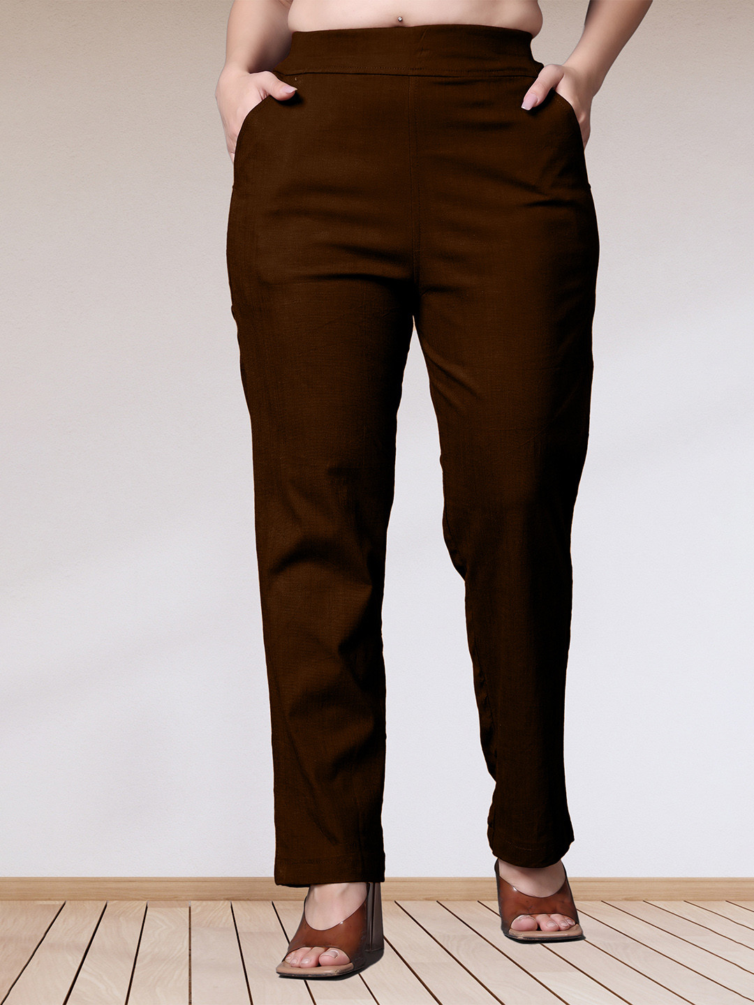 APELLA Plus Size Women Coffee Brown Regular Fit Solid Trousers
