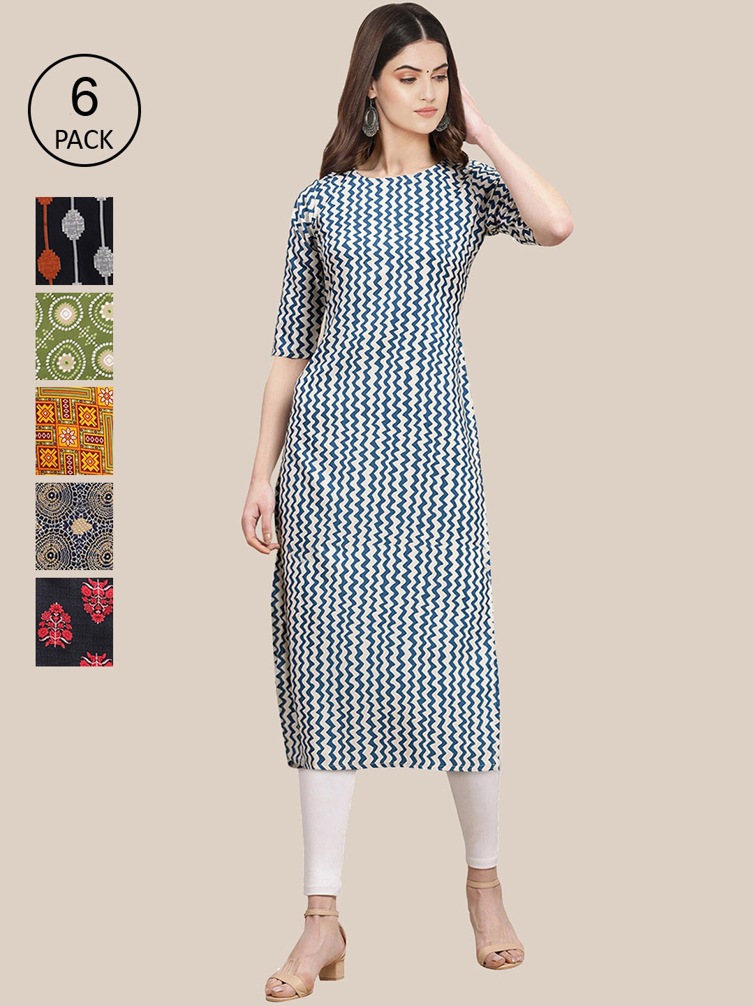 7Threads Women Green And White Summer Sheers Crepe Kurta [PACK OF 6]