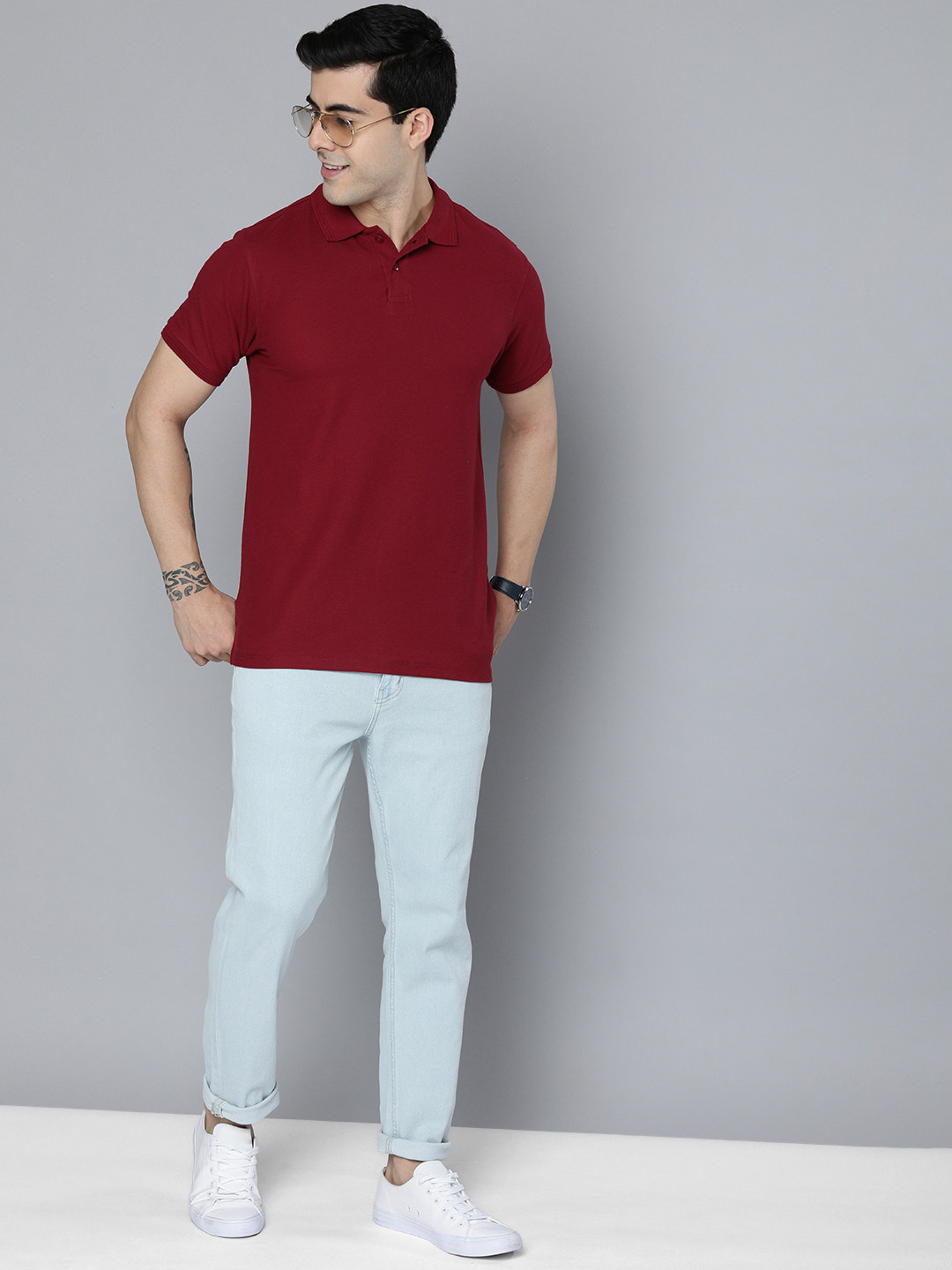 Mast & Harbour Men Maroon Solid Polo Collar Casual T-shirt