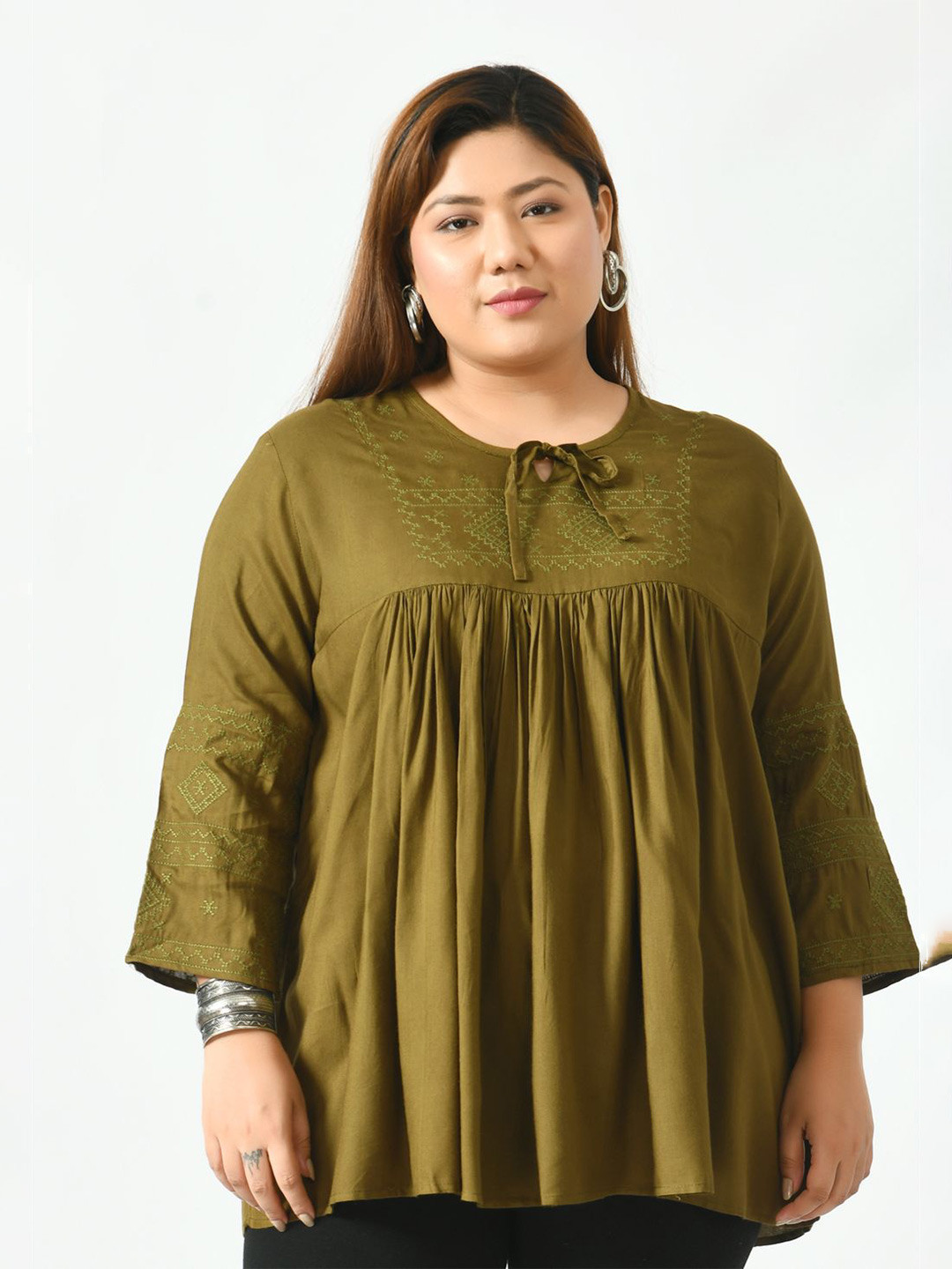 SAAKAA Olive Green Tie-Up Neck Top