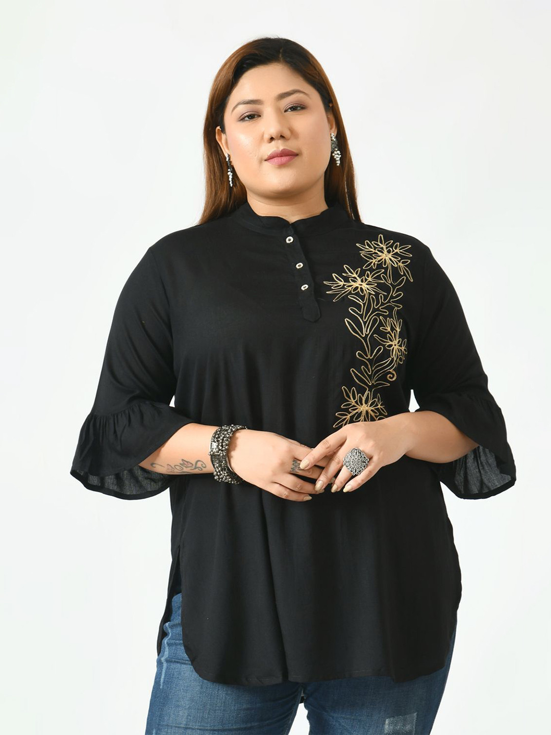 SAAKAA Black Mandarin Collar Top