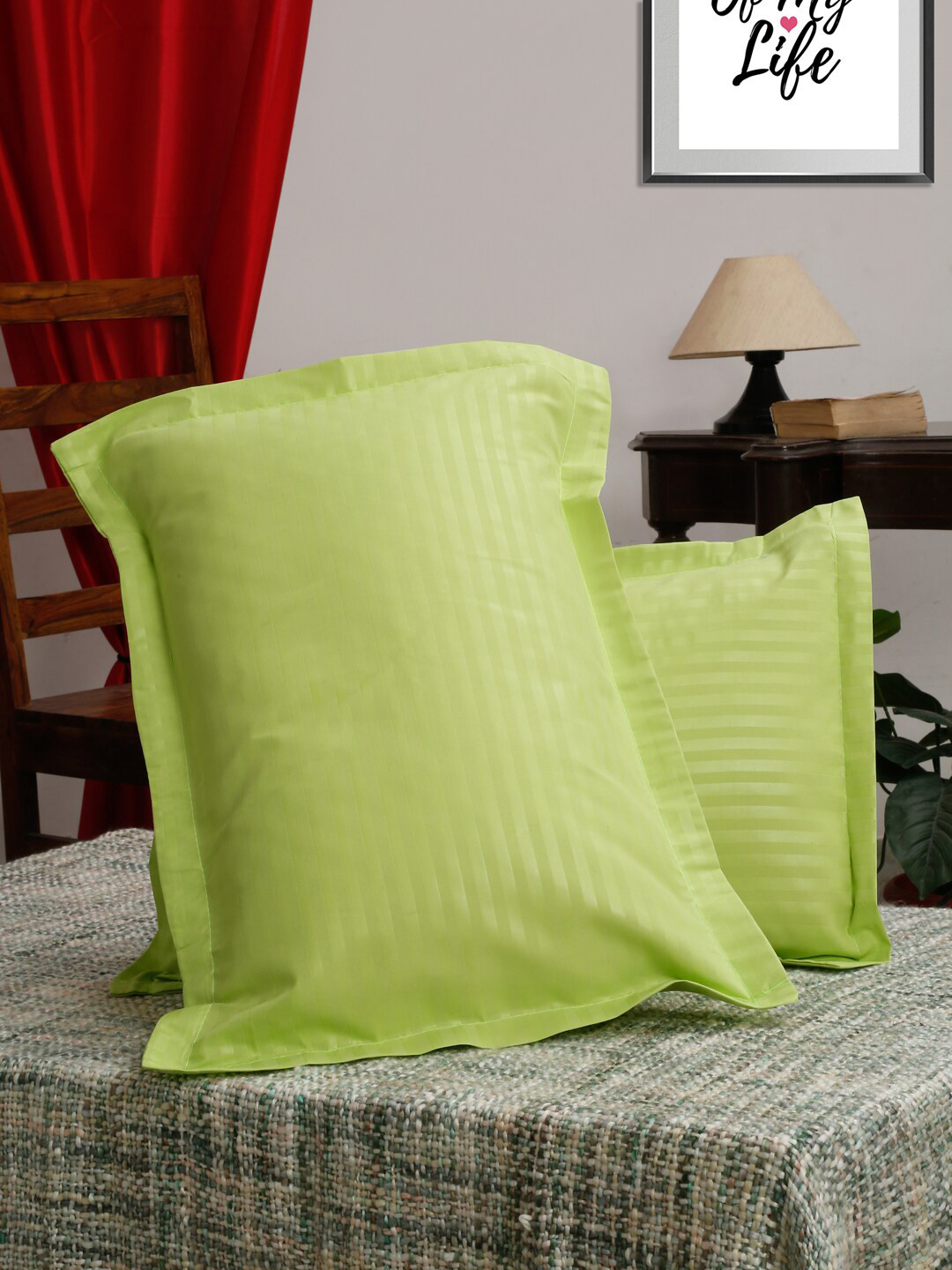 HOSTA HOMES Pack Of 2 Green Striped 280 TC Pillow Covers