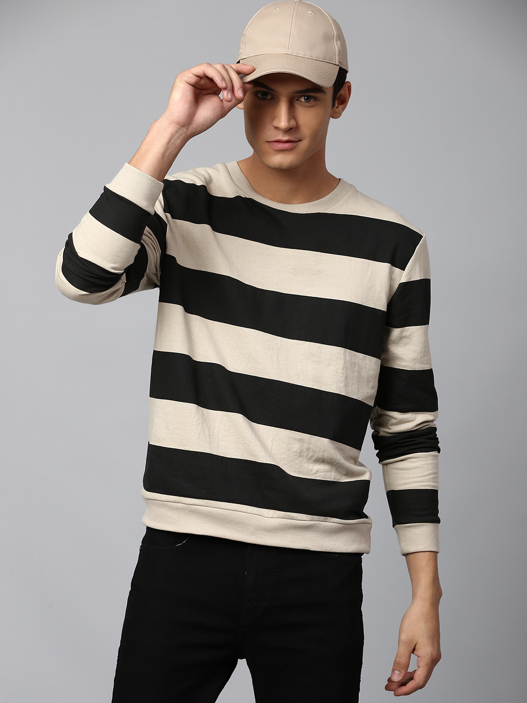 Dennis Lingo Men Cream and Black Striped Sweatshirt