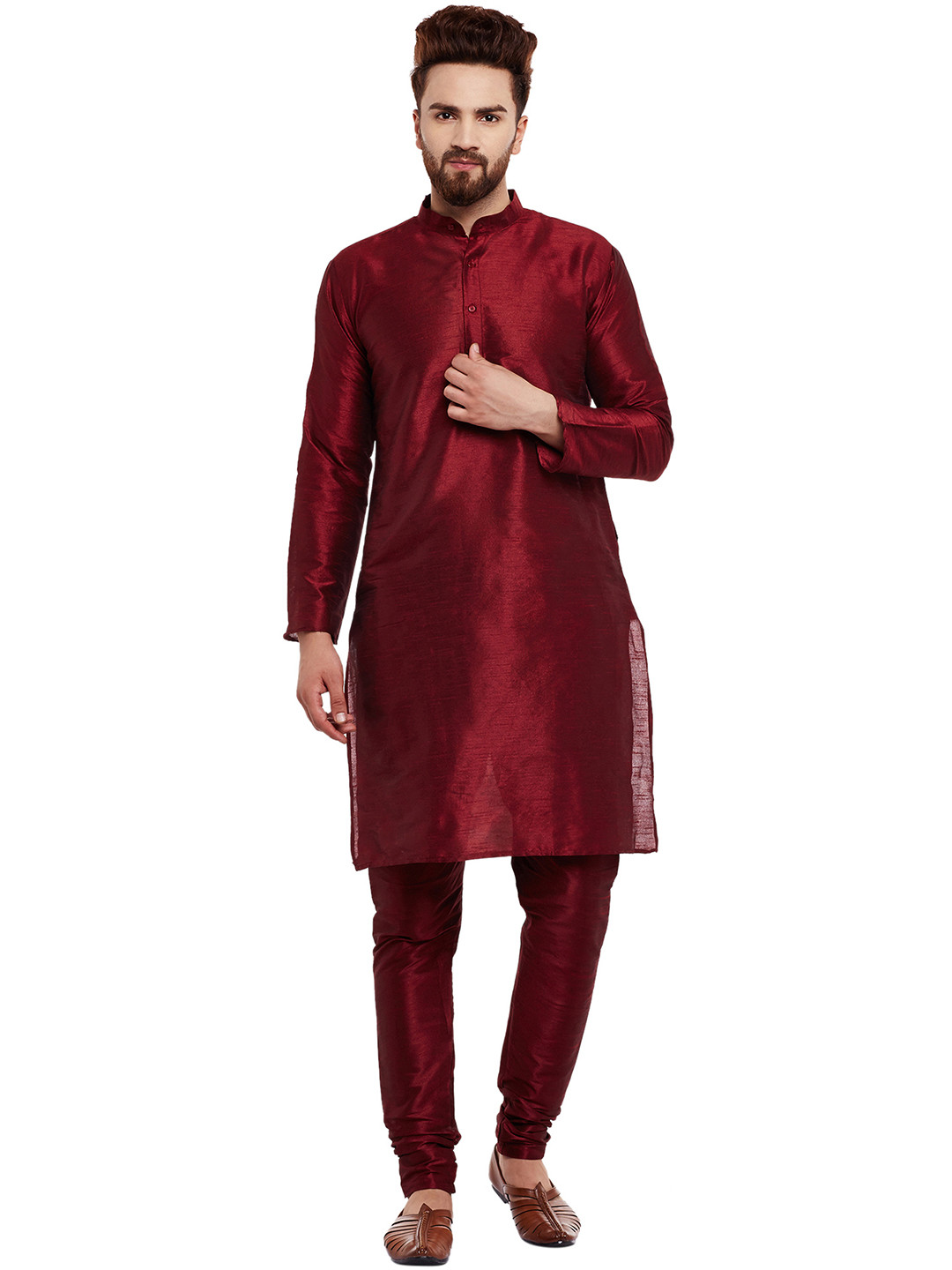 SOJANYA Men Maroon Solid Kurta with Churidar