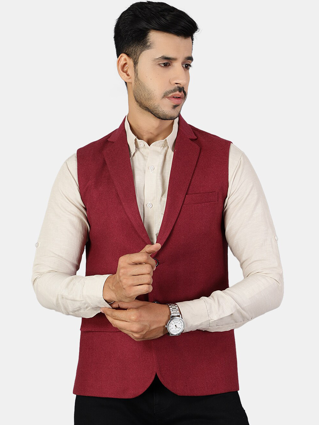 Wintage Men Red Solid Woolen Woven Waistcoat