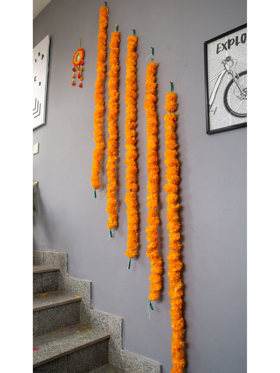 BS AMOR Set Of 5 Orange Coloured Solid Marigold Garland Artificial Flowers