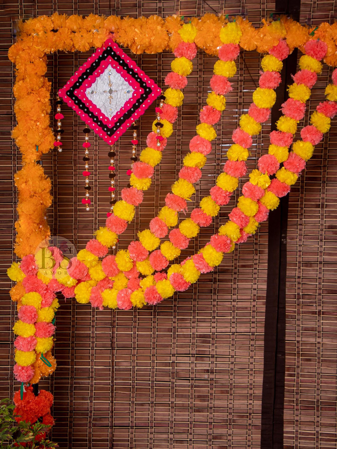 BS AMOR Set Of 5 Pink & Yellow Artificial Marigold Flower Garlands