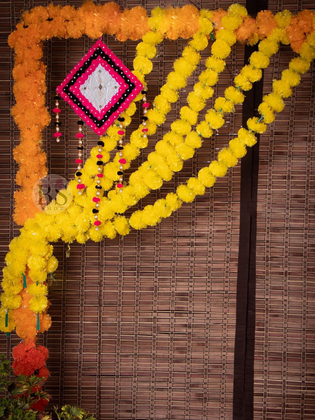 BS AMOR Set Of 5 Yellow & Orange Marigold Artificial Flower Garland