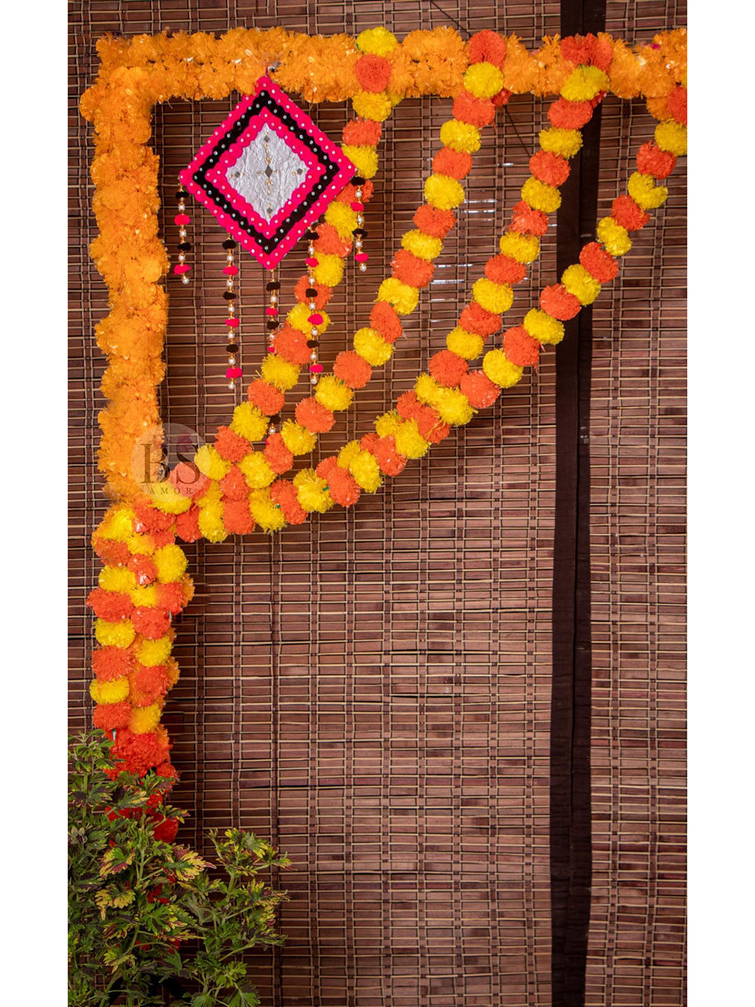 BS AMOR Set Of 5 Yellow & Orange Coloured Solid Marigold Garland Artificial Flowers
