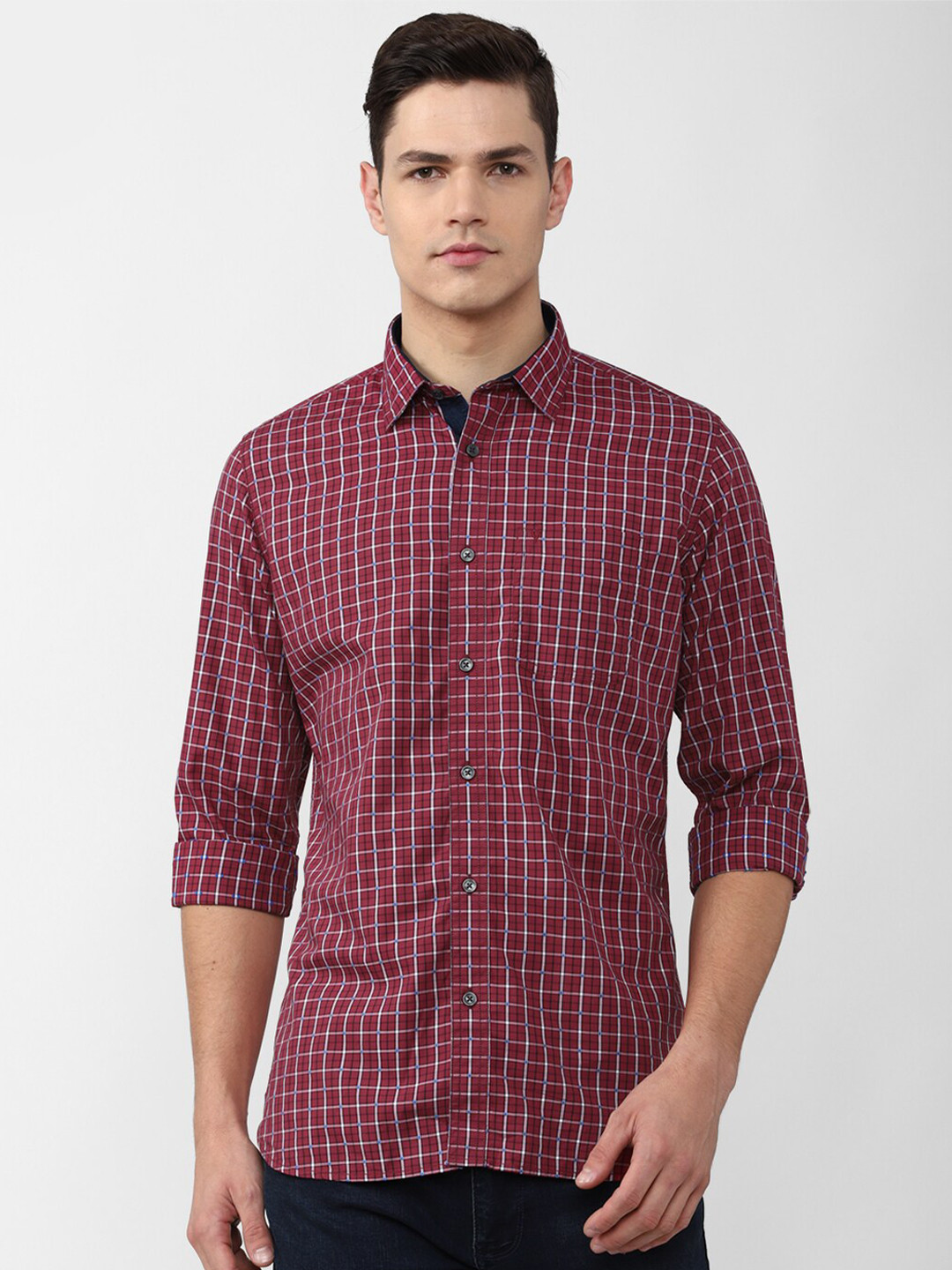 Van Heusen Sport Men Maroon & White Checked Cotton Slim Fit Casual Shirt