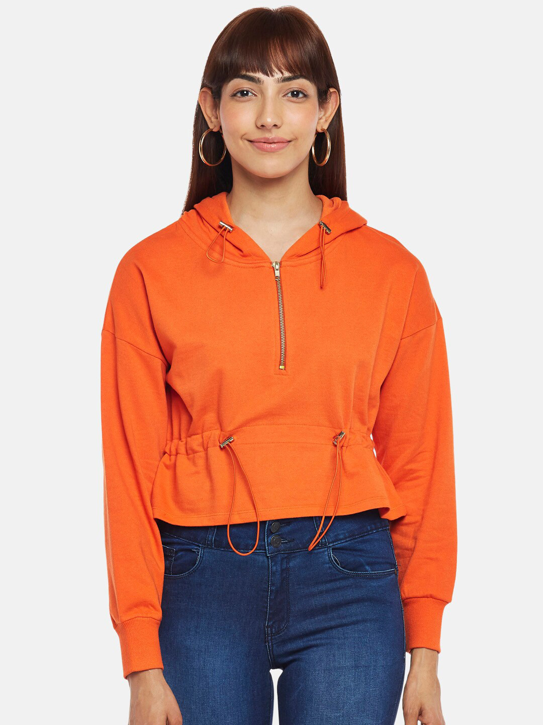 People Women Orange Solid Hood Sweatshirt