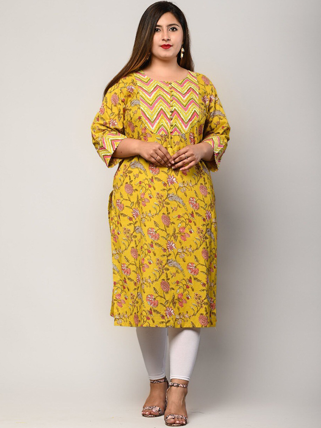 Swasti Women Plus Size Yellow Floral Printed Regular Sleeves Straight Kurta