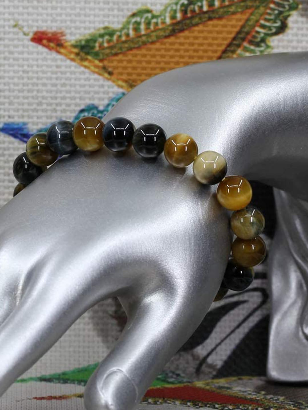 Young & Forever Unisex Brown & Mustard Brass Beaded Tigers Eye Bracelet
