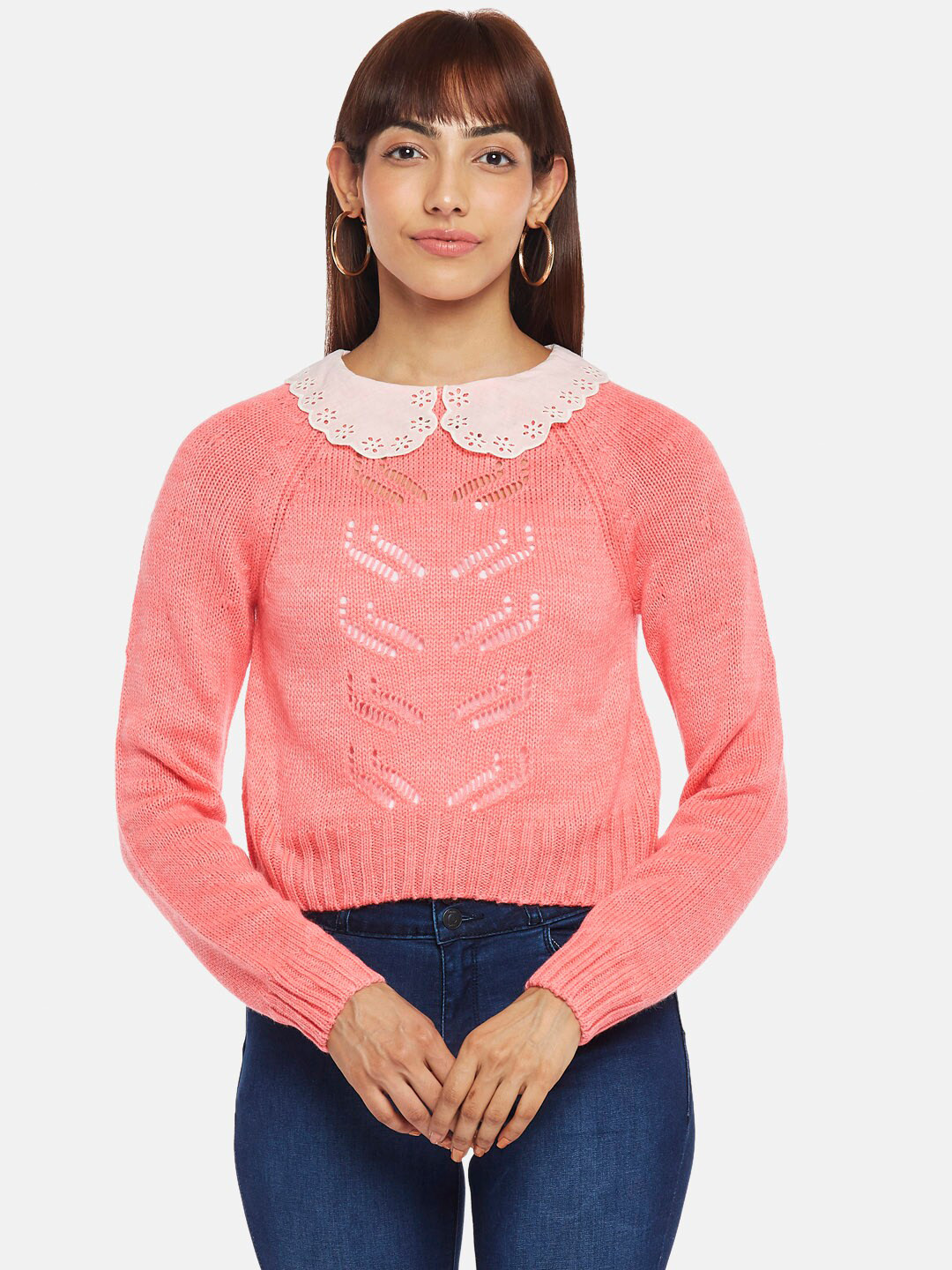 People Women Pink & White Peter Pan Collar Pullover