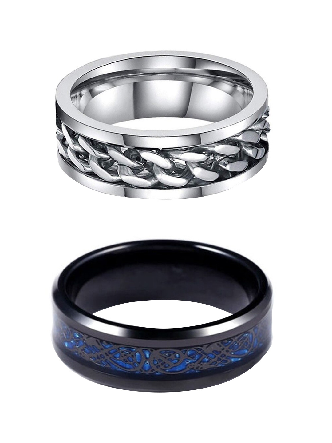 Yellow Chimes Men Set Of 2 Rhodium-Plated Silver-Toned & Blue Band Finger Ring