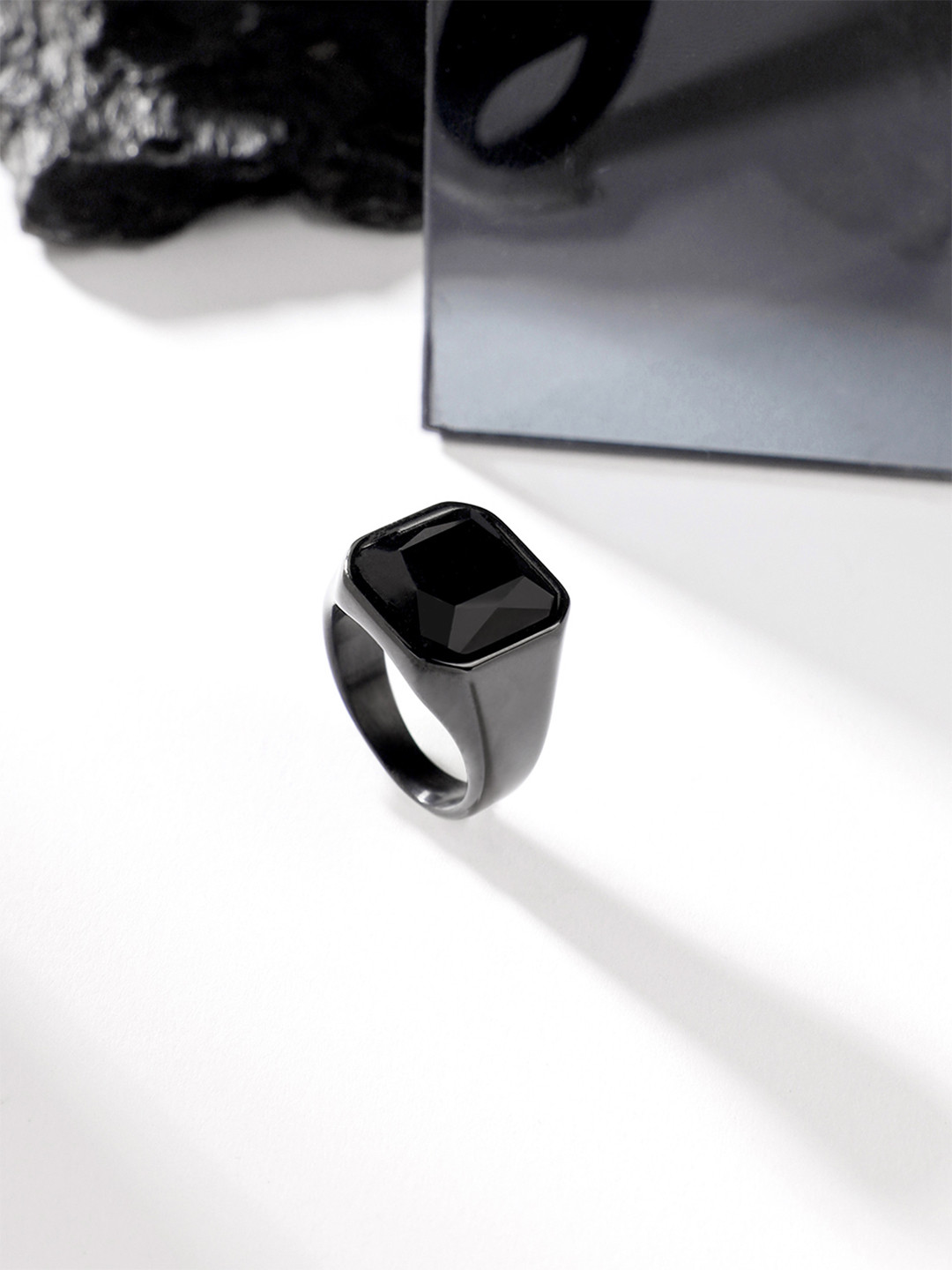 Yellow Chimes Men Black Stainless Steel Square Stone Finger Ring