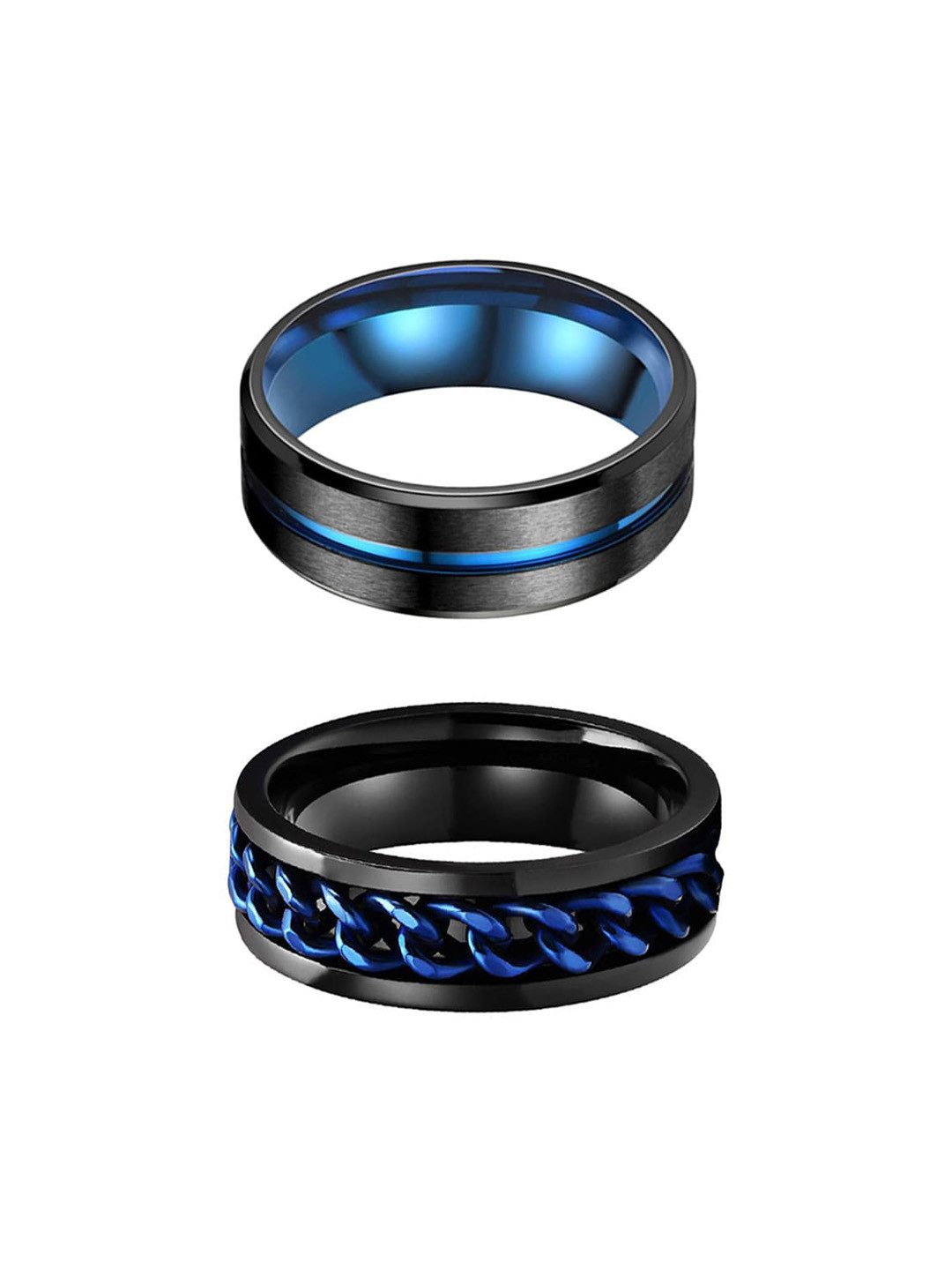 Yellow Chimes Men Set Of 2 Blue & Black Stainless Steel Band Finger Rings