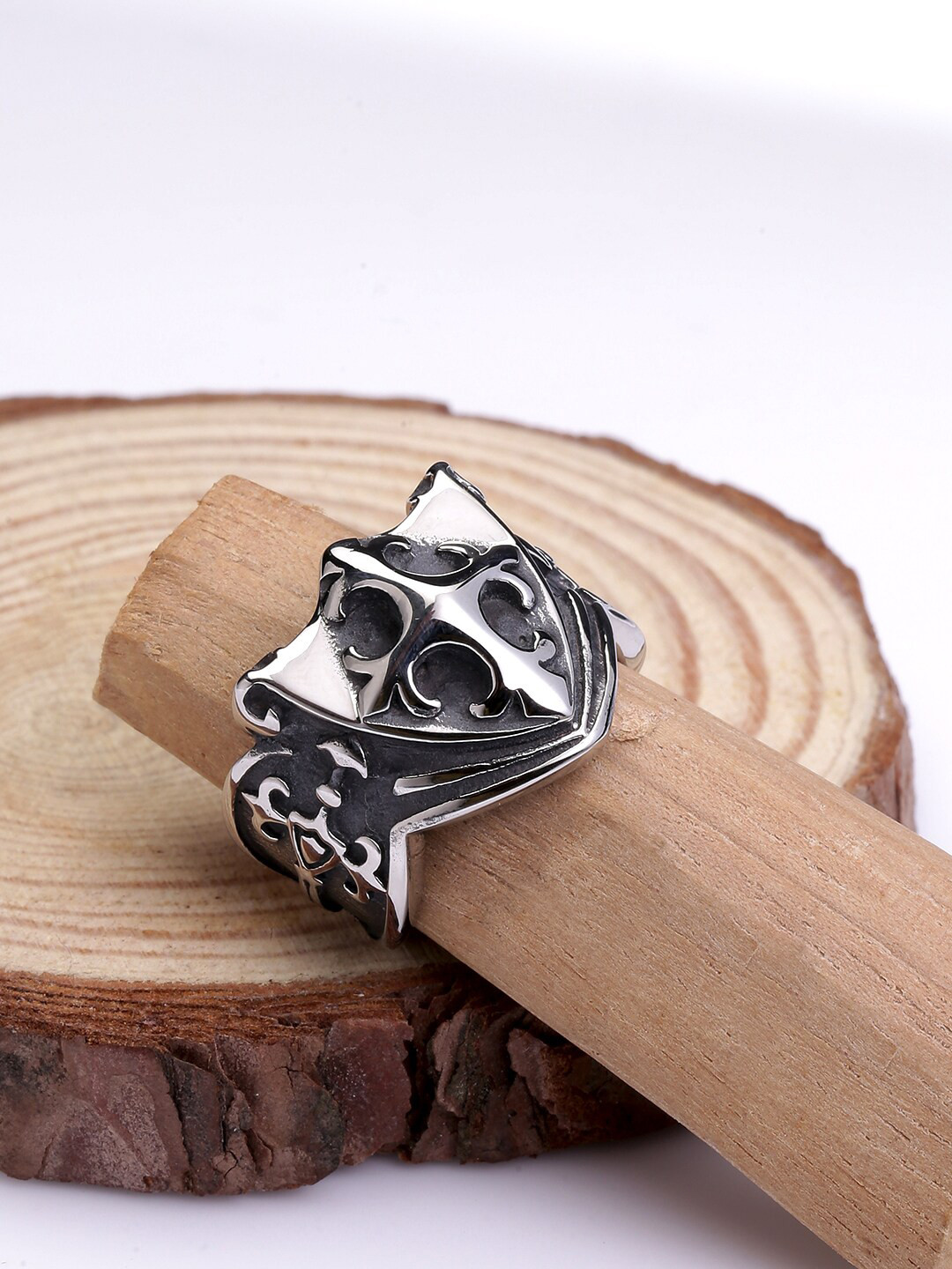 Yellow Chimes Men Rhodium-Plated Black Pirate Symbol Finger Ring