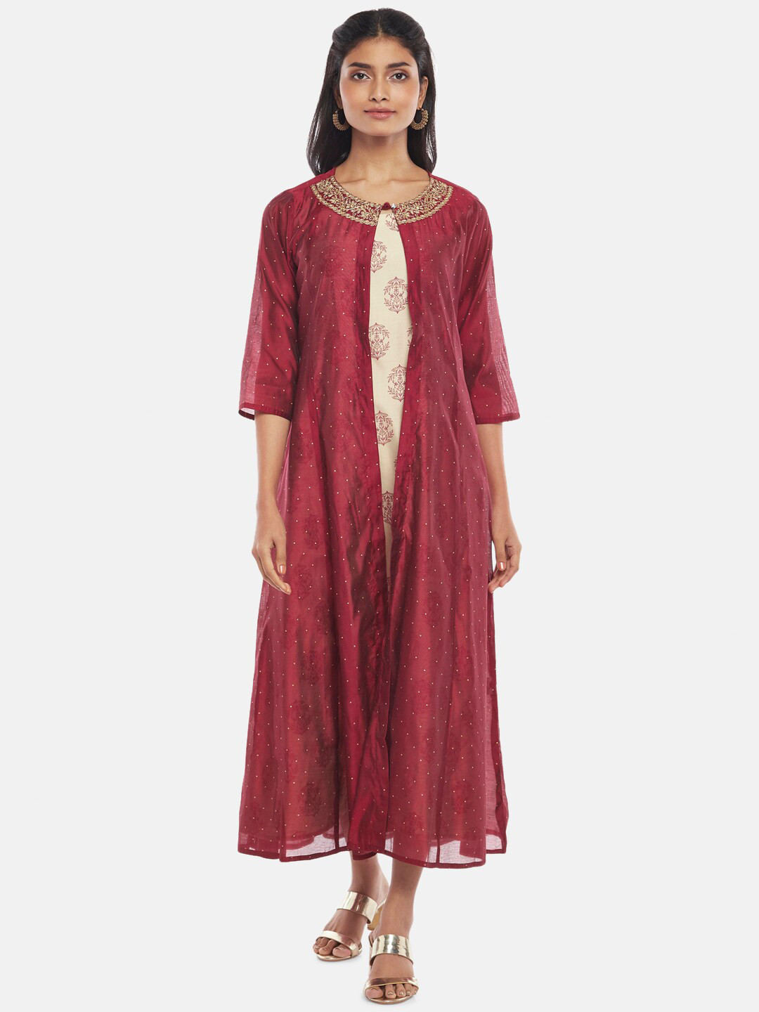 RANGMANCH BY PANTALOONS Maroon & Cream-Coloured Ethnic A-Line Maxi Dress