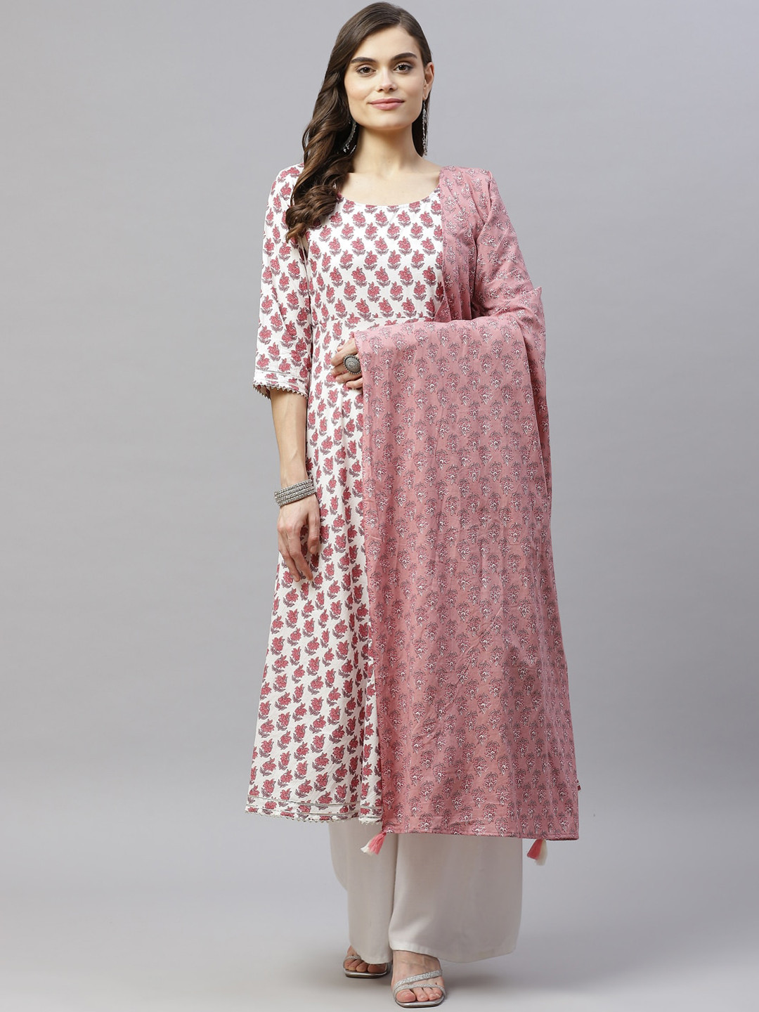 MIRAVAN Women Pink Ethnic Motifs Printed Pastels Anarkali Kurta