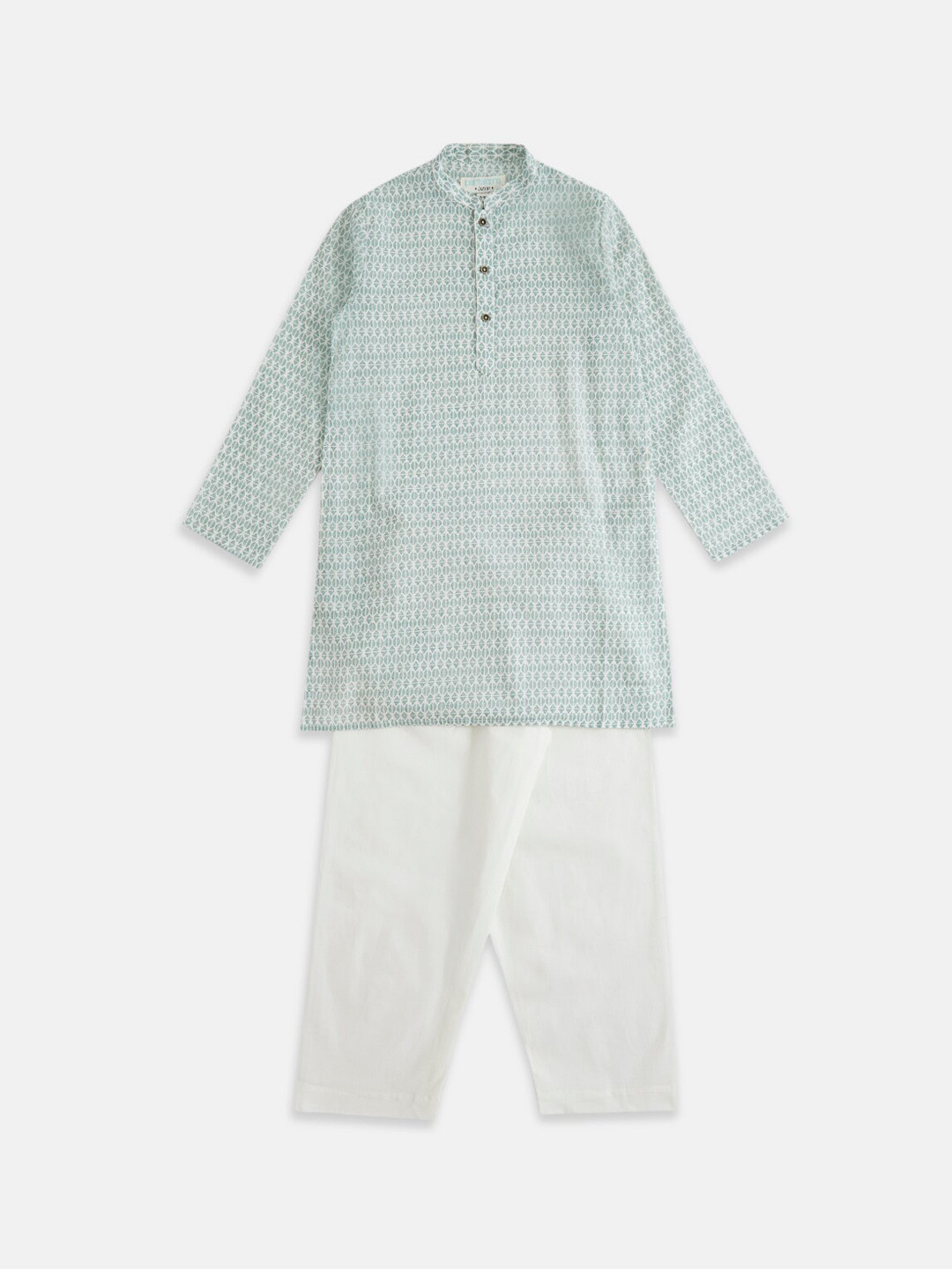 indus route by Pantaloons Boys Off White & Green Printed Pure Cotton Kurta with Pyjama