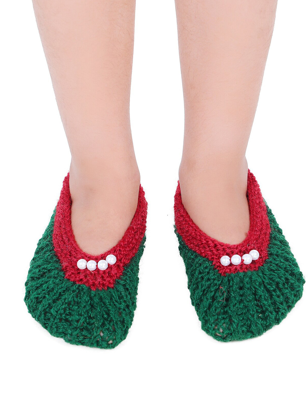 Bharatasya Girls Green Solid Knitted Footie Socks