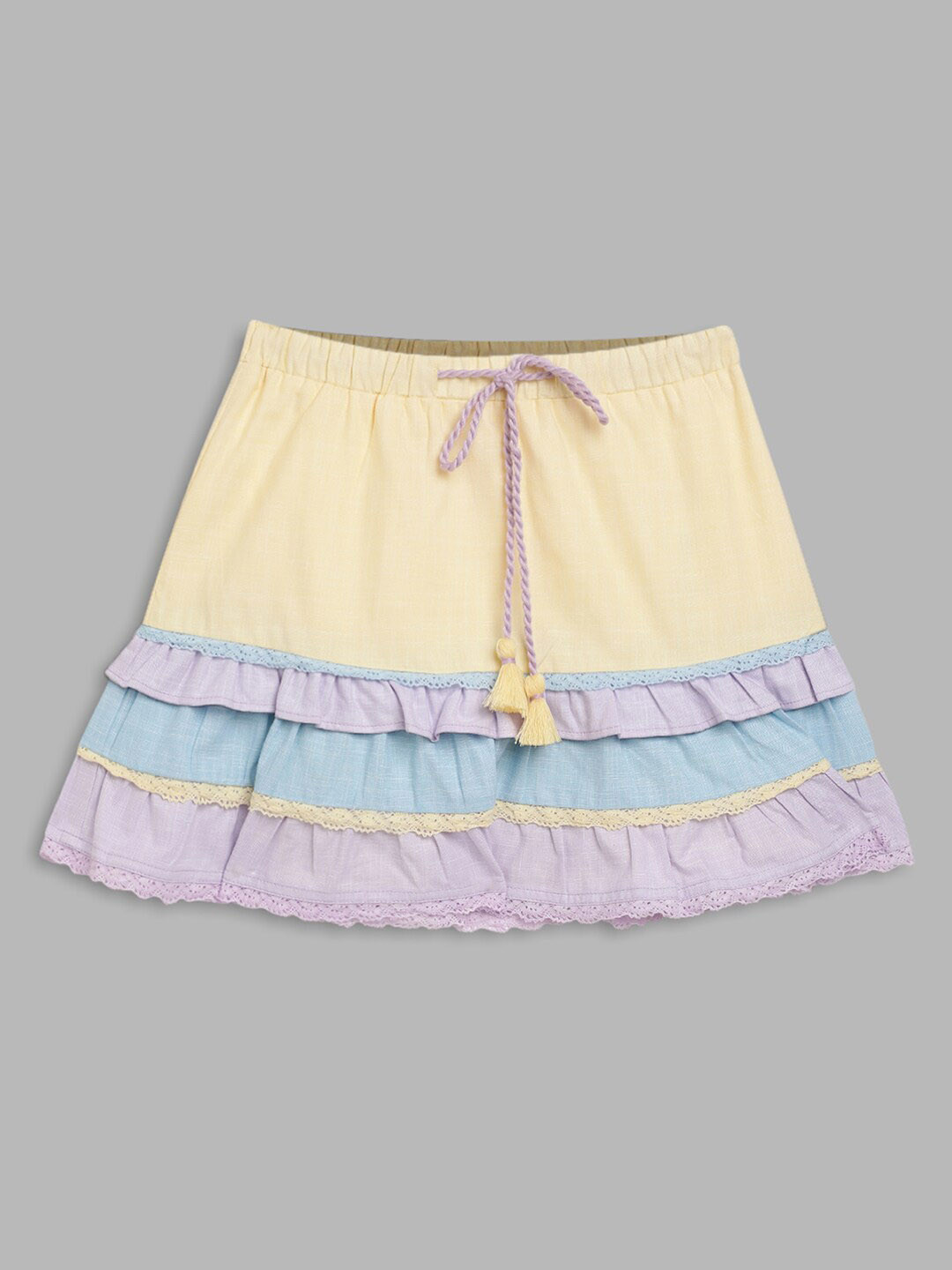 Blue Giraffe Girls Yellow & Purple Solid Tiered Knee Length Cotton Skirts