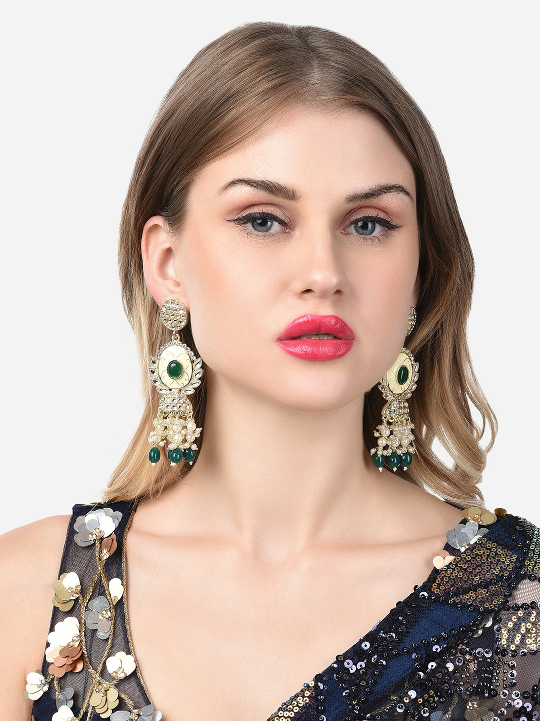 Zaveri Pearls Green & Cream-Coloured Contemporary Jhumkas Earrings