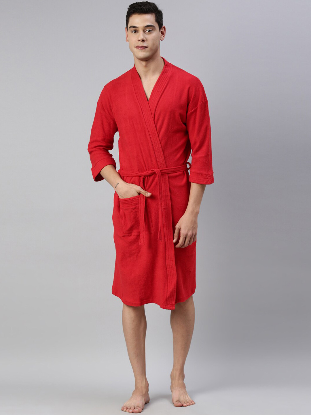GOLDSTROMS Red Solid Cotton Drawstring Knee Length Bath Robe