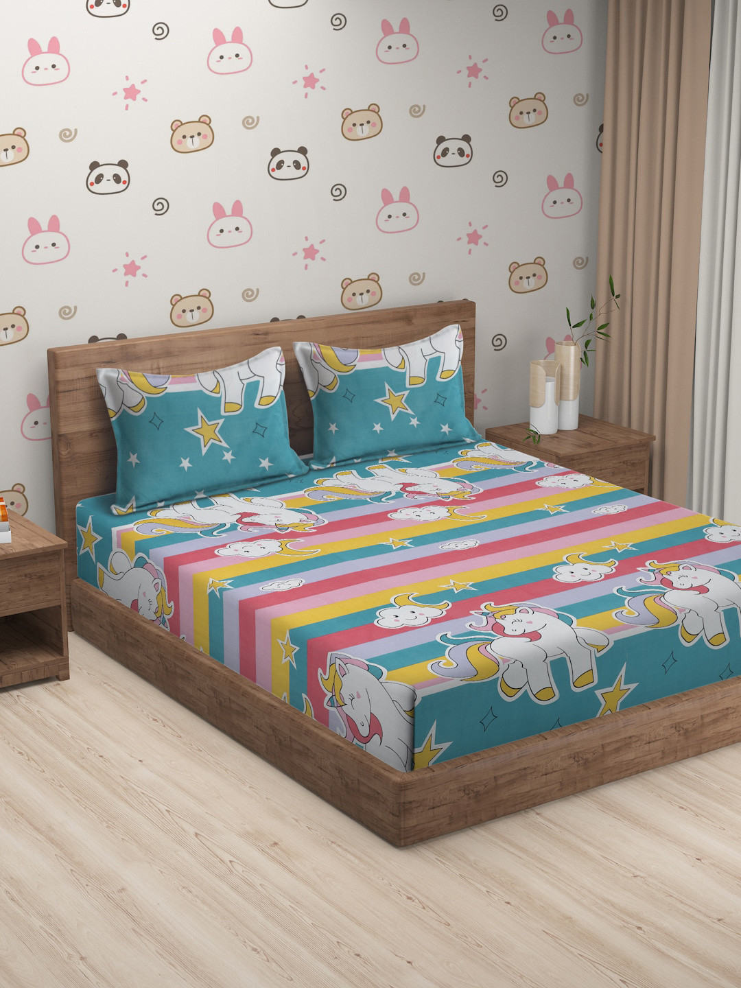 SOKNACK Green Cartoon Characters Polycotton 300 TC Queen Fine Bedsheet with 2 Pillow Covers-90 x 100 inches