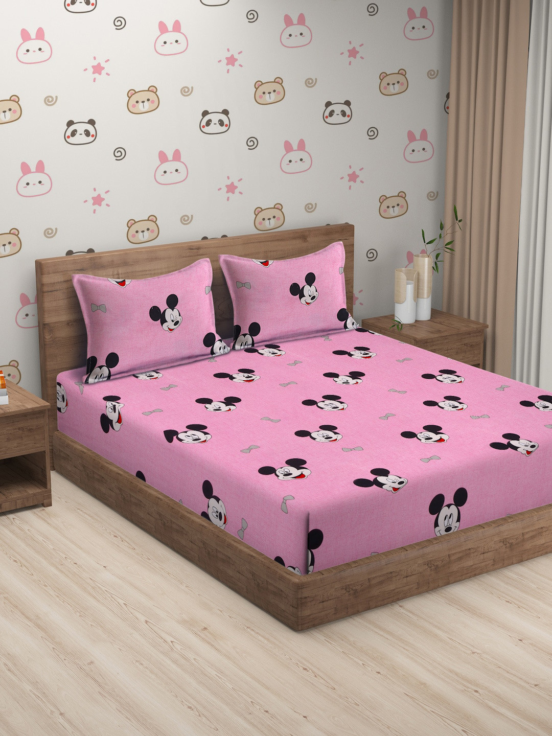 SOKNACK Pink Cartoon Characters Polycotton 300 TC Queen Fine Bedsheet with 2 Pillow Covers-90 x 100 inches