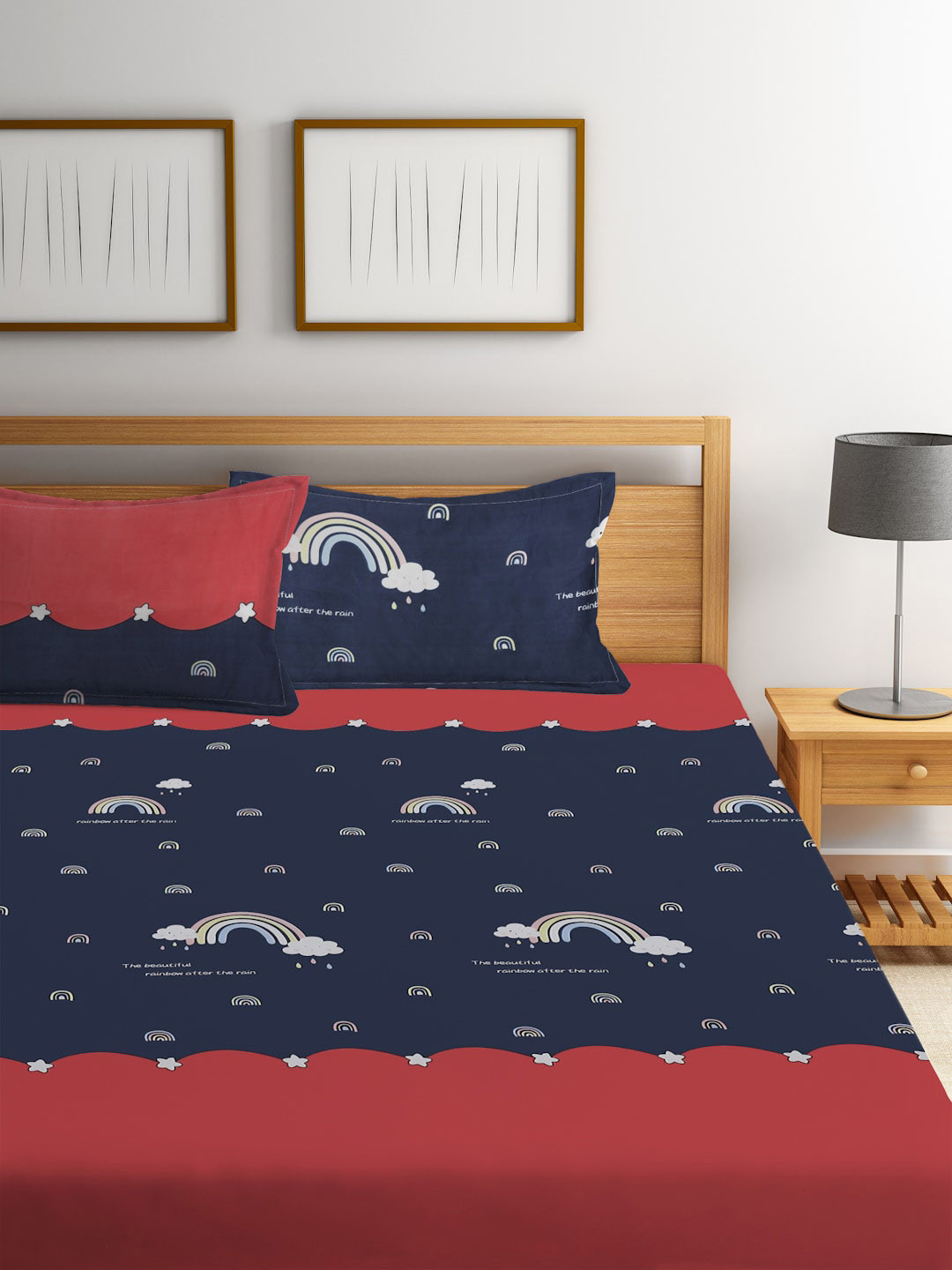 SOKNACK Navy Blue Conversational Polycotton 300 TC Queen Fine Bedsheet with 2 Pillow Covers-228 x 254 cm