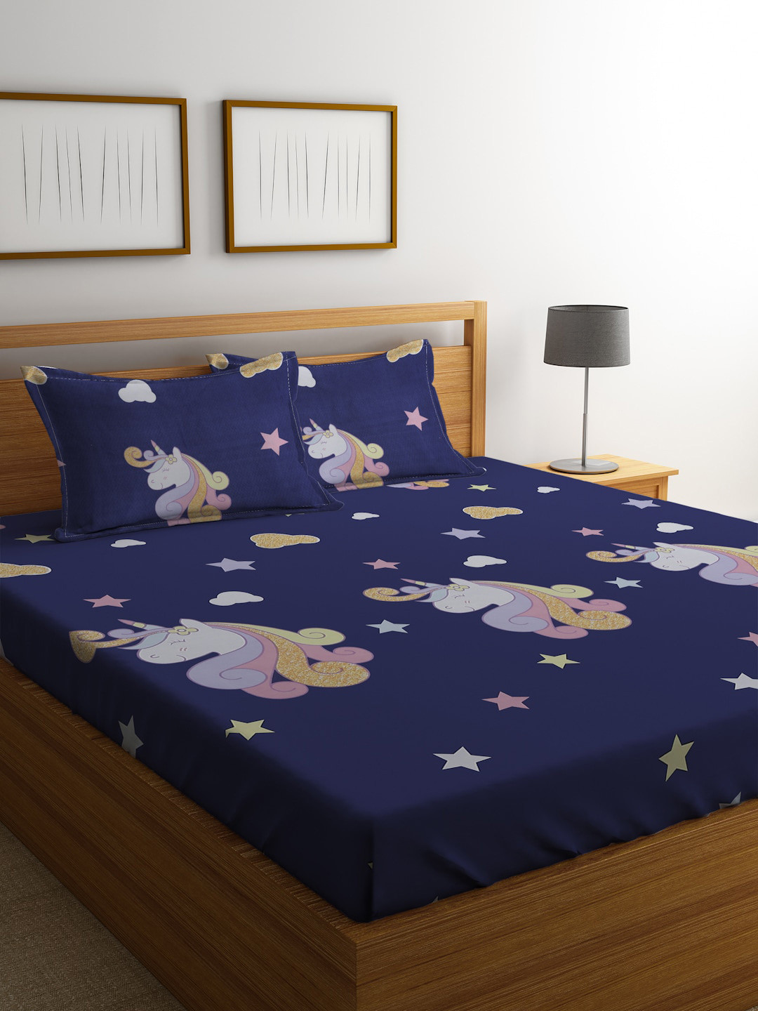SOKNACK Navy Blue Cartoon Characters Polycotton 300 TC Queen Fine Bedsheet with 2 Pillow Covers-90 x 100 inches