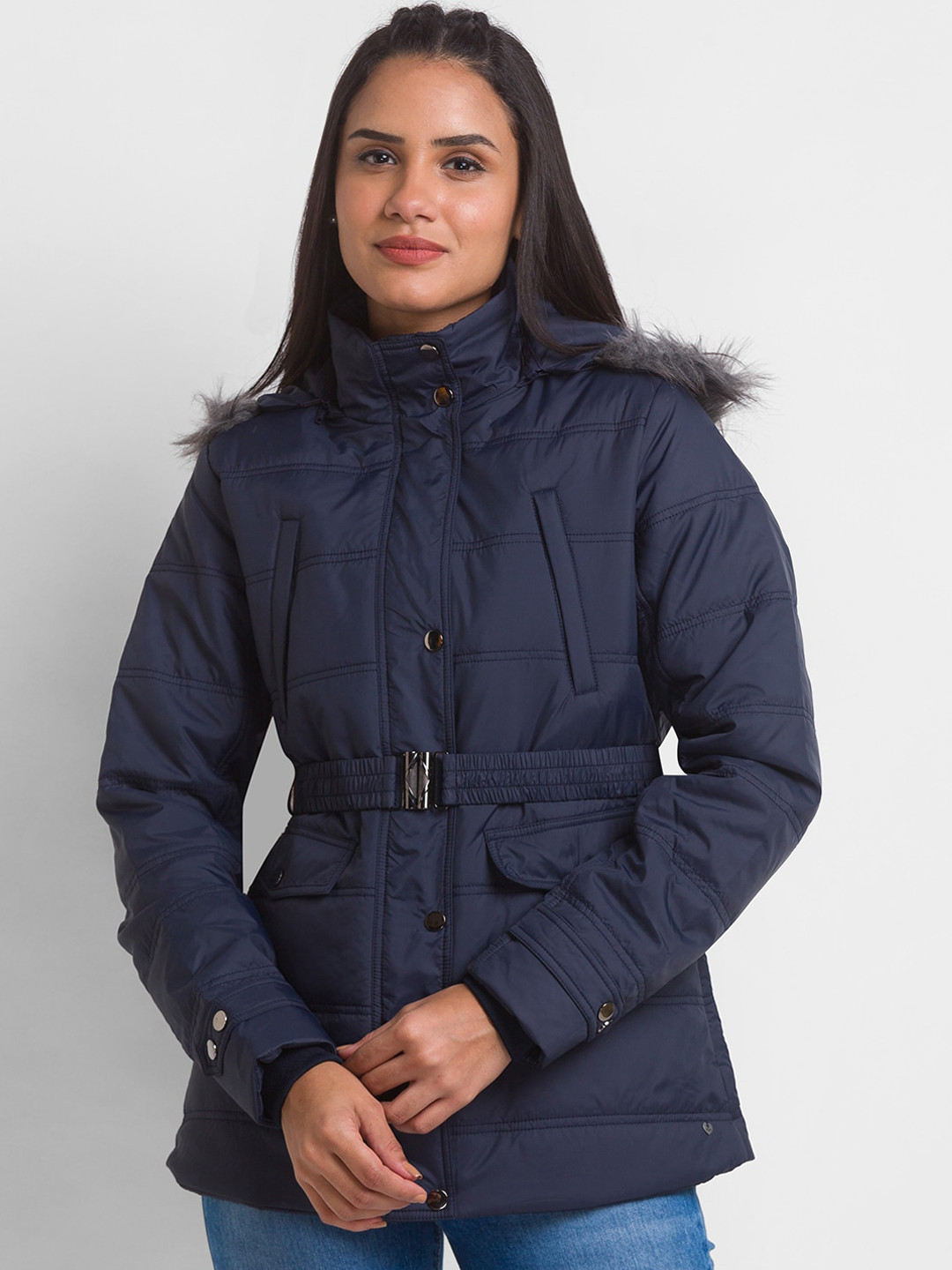 SPYKAR Women Navy Blue Longline Parka Jacket