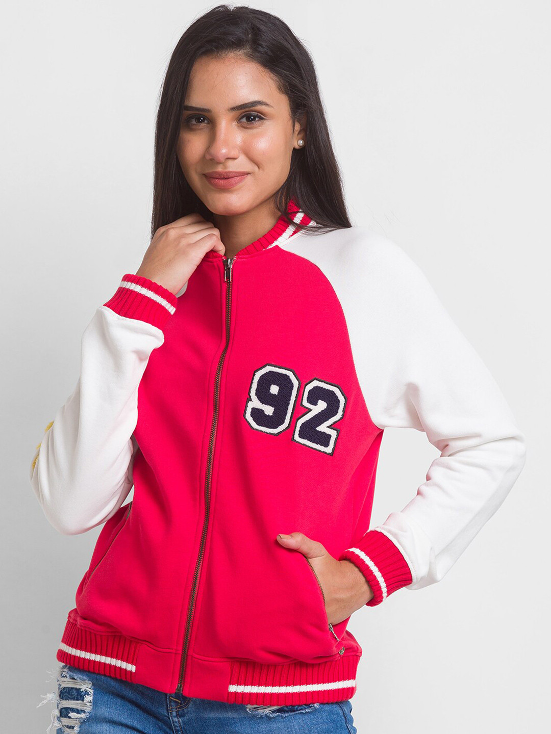 SPYKAR Women Red and White Color Blocked Sweatshirt