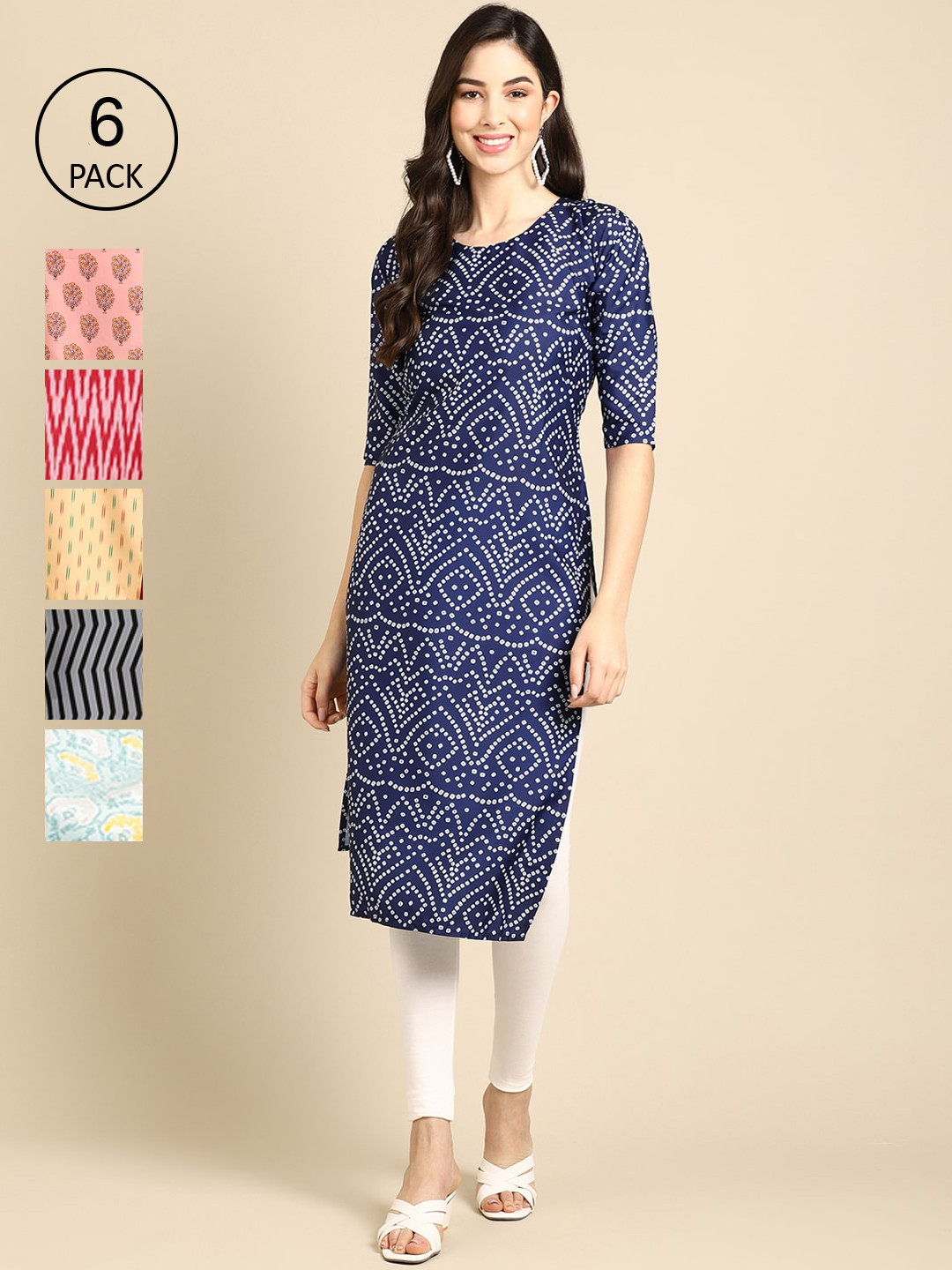7Threads Women Blue And White  Block Print Crepe Kurta [PACK OF 6]
