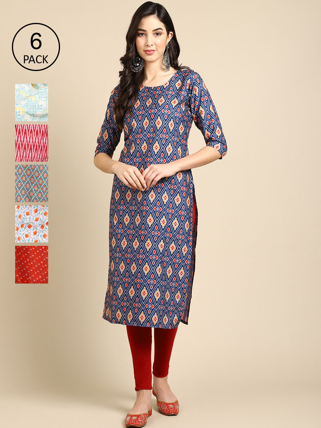 7Threads Women Blue And White  Block Print Crepe Kurta [PACK OF 6]