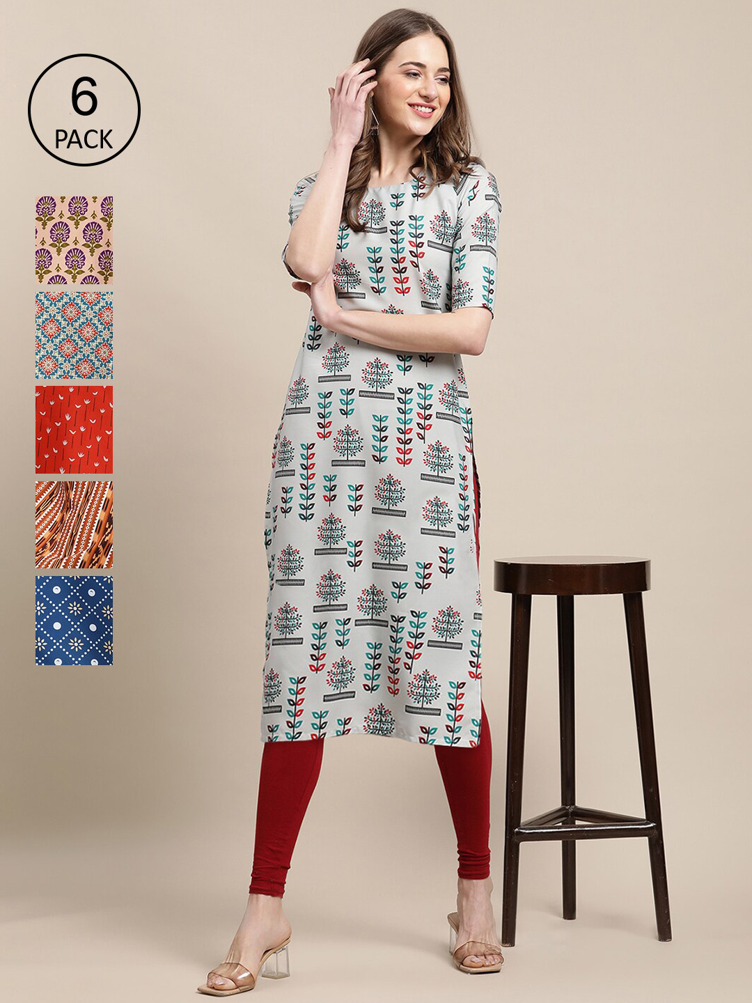 7Threads Women Red Floral Printed Thread Work Block Print Crepe Kurta