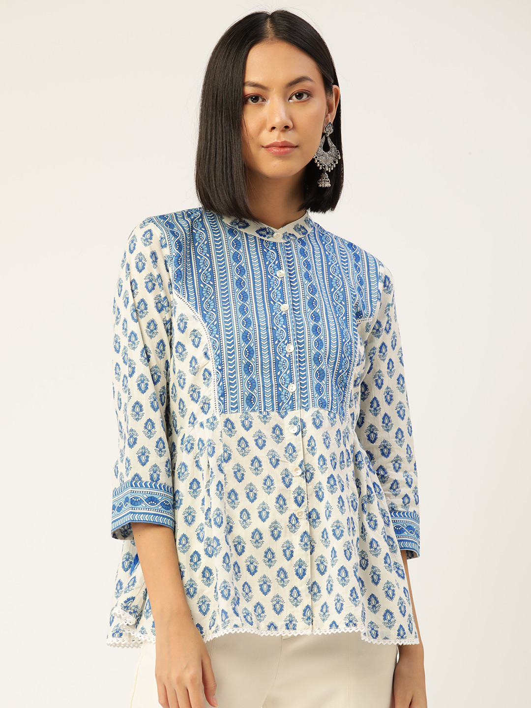 Jaipur Morni Off White & Blue Print Mandarin Collar Top