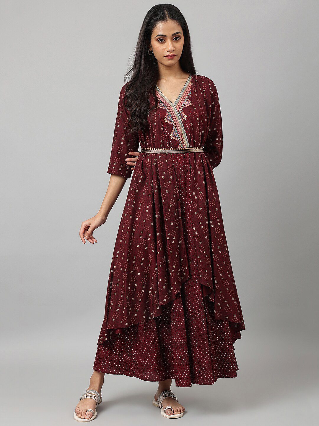 W Chocolate Brown Gilet Kimono Jumpsuit With Embellished Belt