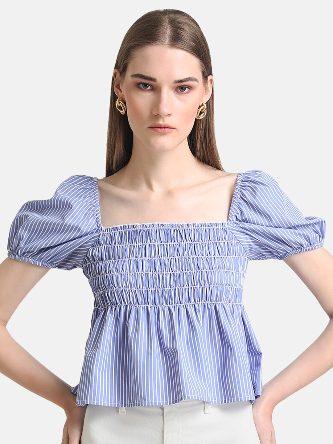 Kazo Women Blue Striped Puff Sleeves & Smocking Detail Crop Top