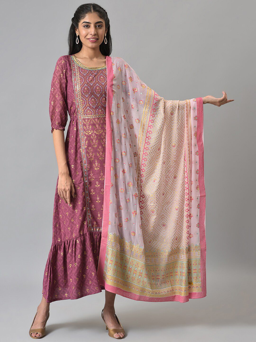 AURELIA Pink & Green Ethnic Motifs Printed Dupatta