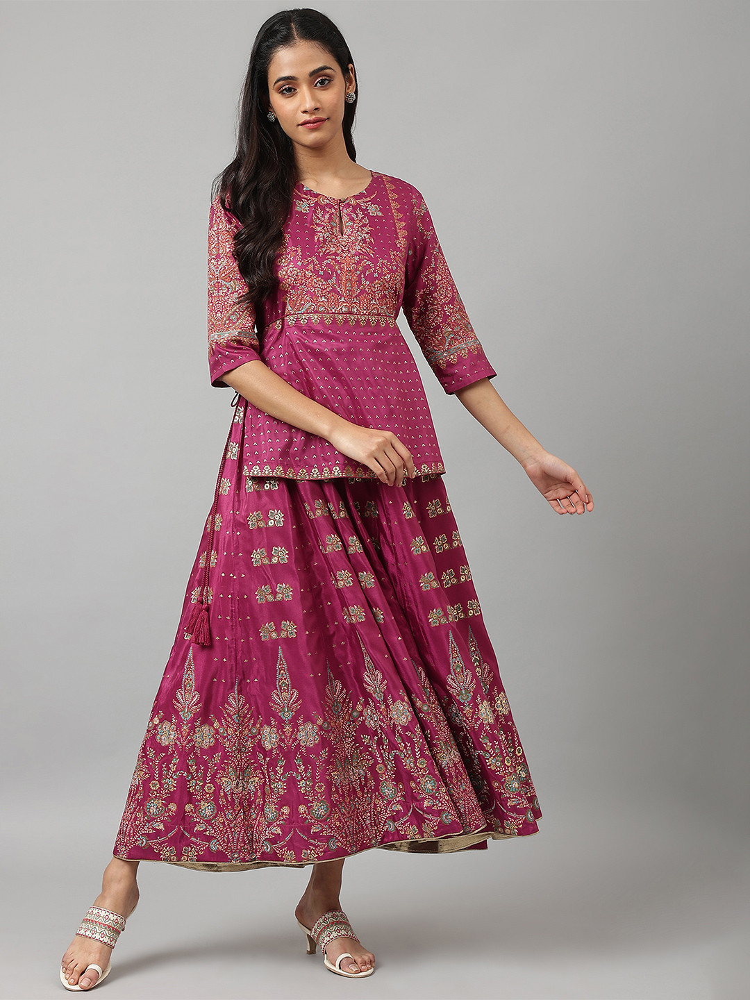 W Maroon & Gold-Toned Ethnic Motifs Ethnic Maxi Maxi Dress