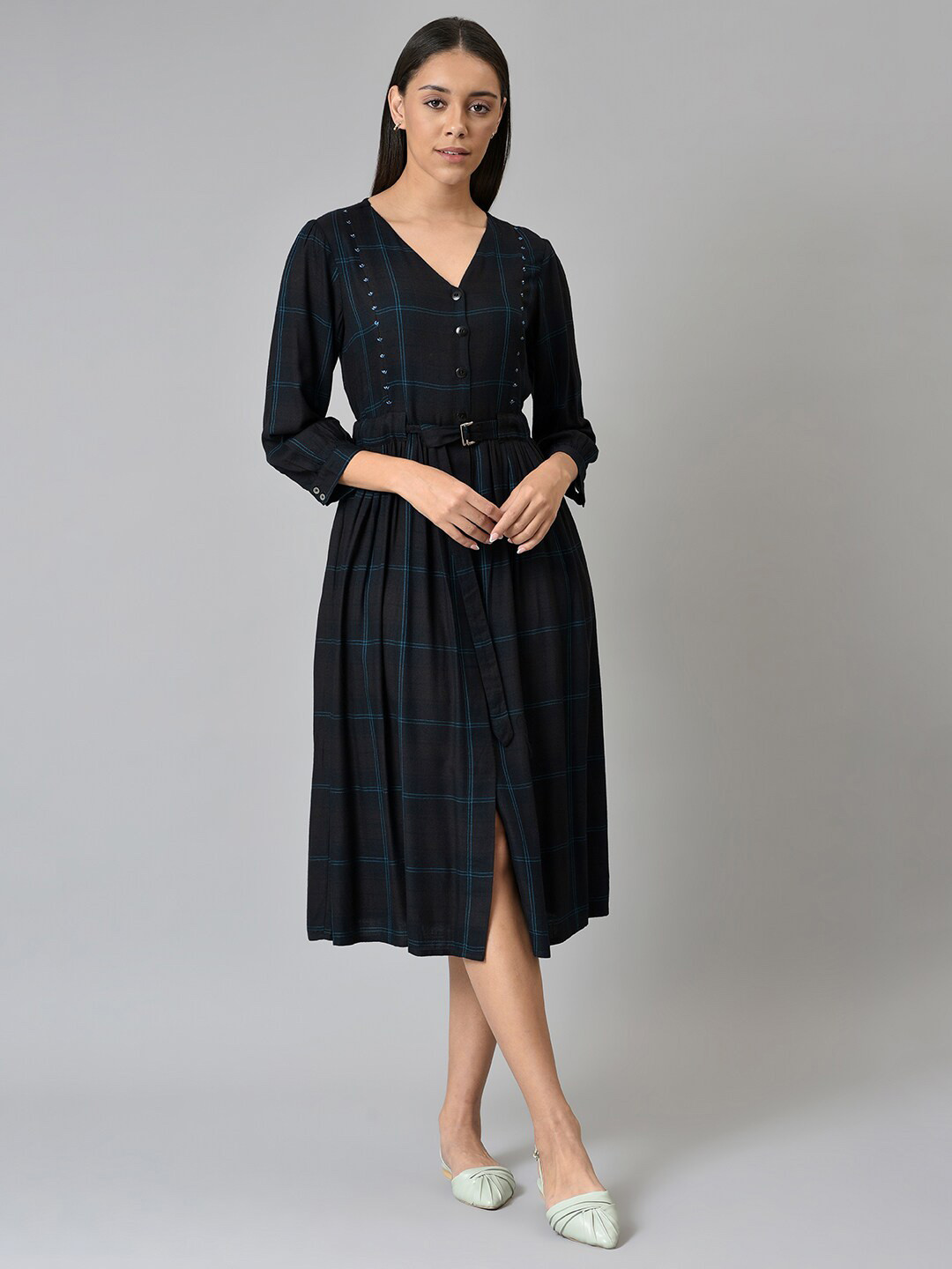 W Black Checked A-Line Midi Dress