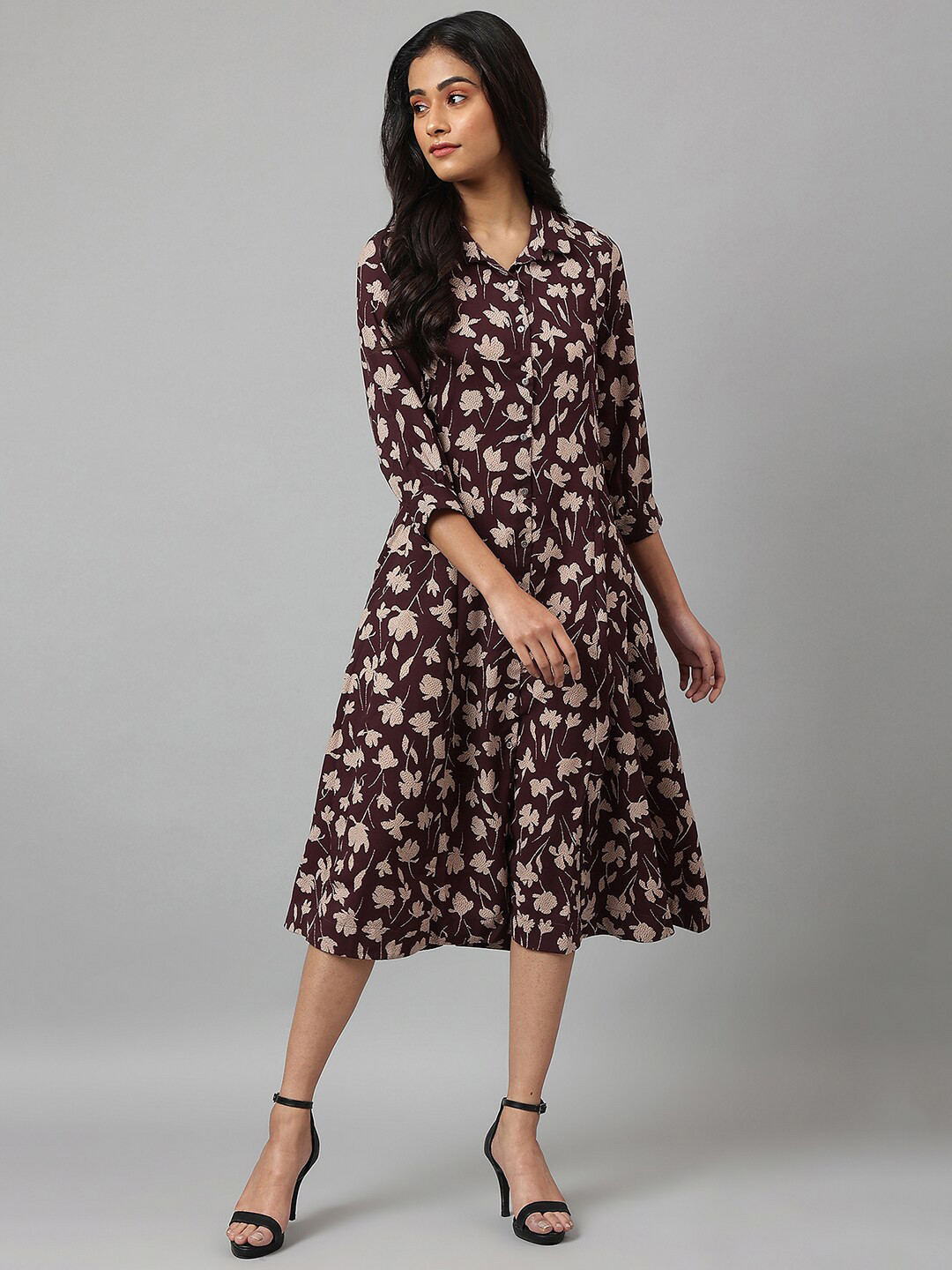 W Brown & Pink Floral Satin A-Line Midi Dress
