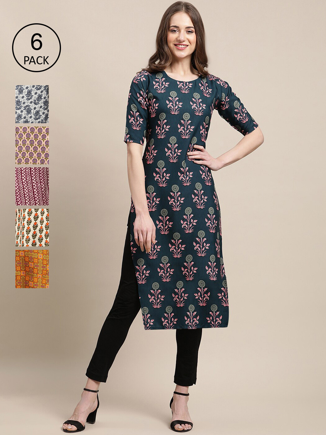 7Threads Women Blue Floral Block Print Crepe Kurta