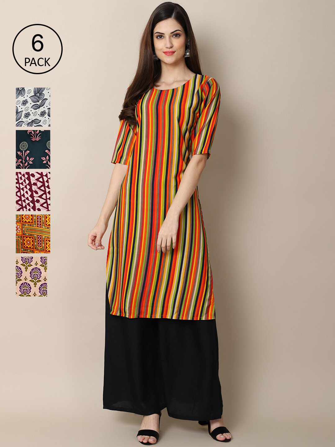 7Threads Women Multicoloured Pack of 6  Multi Color Digital Printed Straight Kurta