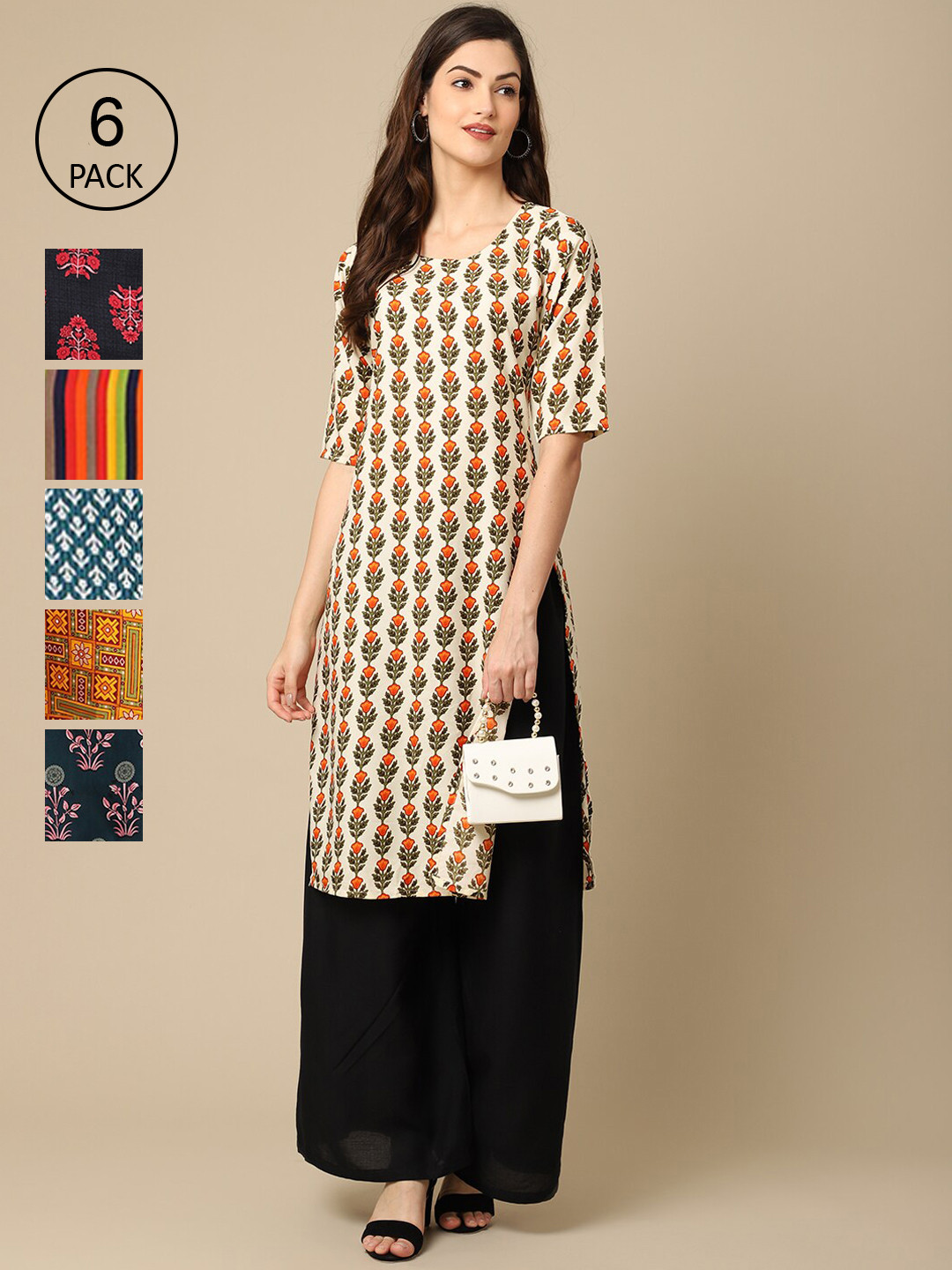 7Threads Women Off White & Black Pack Of 6 Geometric Printed Block Print Crepe Kurta